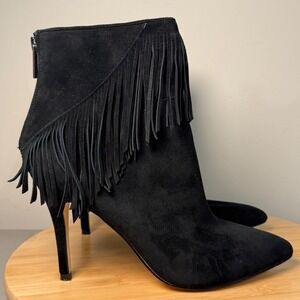 Saks 5th Ave Leather Black Suede Fringe Boot‎ Pointed Toe Women's 8M 3.5" Heel